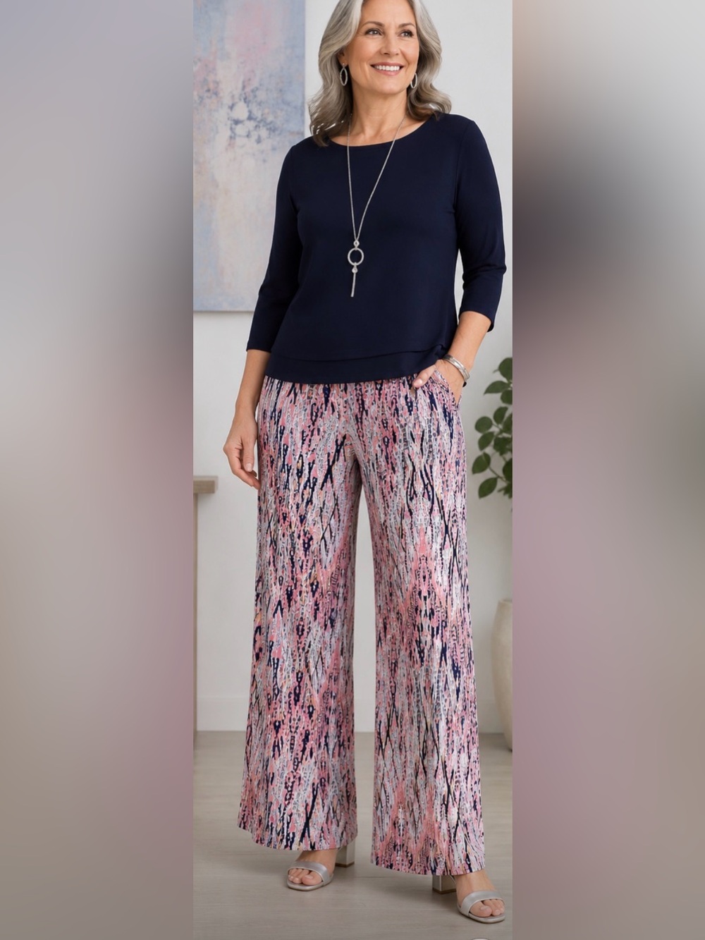 Clara Sun Woo Size 1X Palazzo Pants Stretchy Knit Pink Blue Geometric Tribal